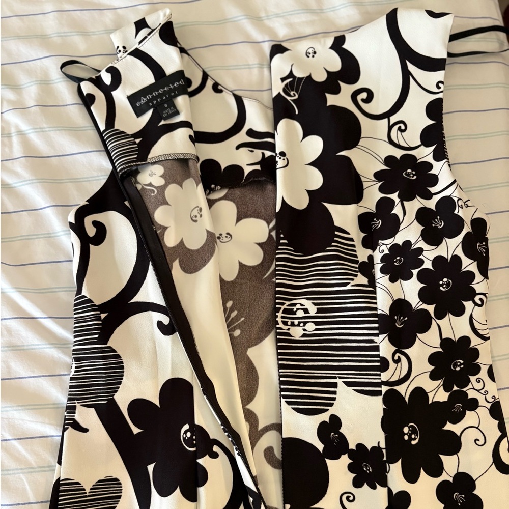 Connected Apparel Black White Abstract Retro Floral Sleeveless Dress Size 8 - Picture 12 of 14